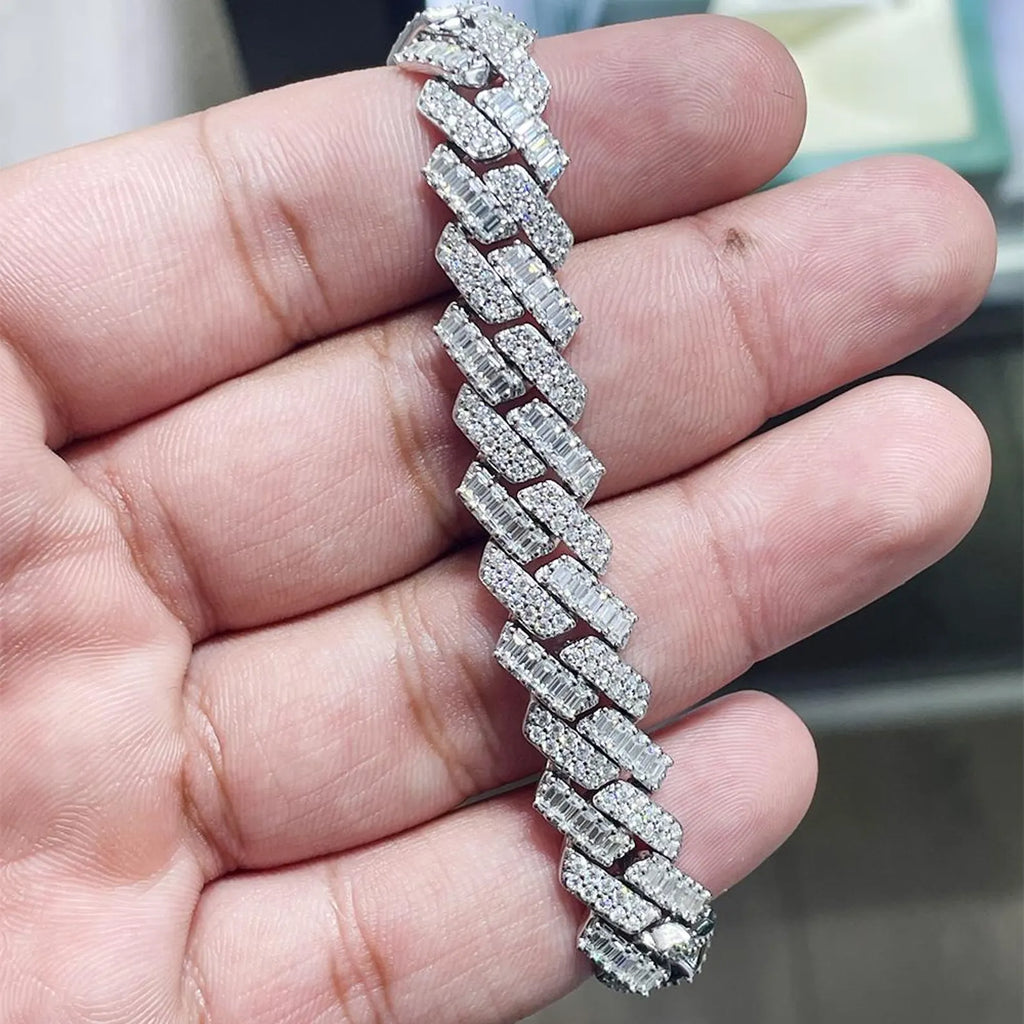 Iced Out Baguette Round Cuban Link Bracelet 12mm [12.33CTW] Moissanites in 925 Sterling Silver