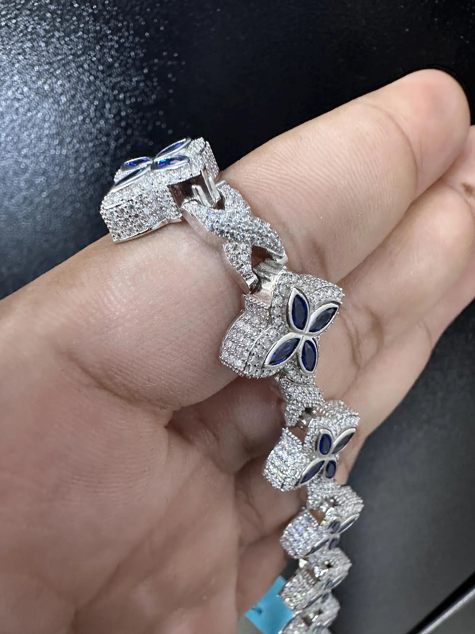 Clover VVS Iced out Bracelet Blue [9.04 CTW] Moissanites in 925 Sterling Silver