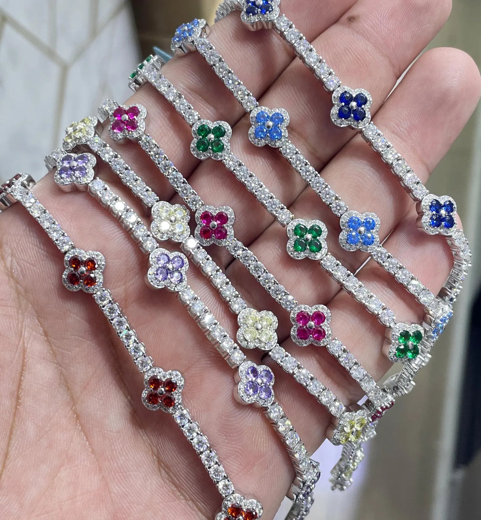 Colorful Clover Bracelet [9.04CTW Moissanites] Round Moissanites 925 Sterling Silver