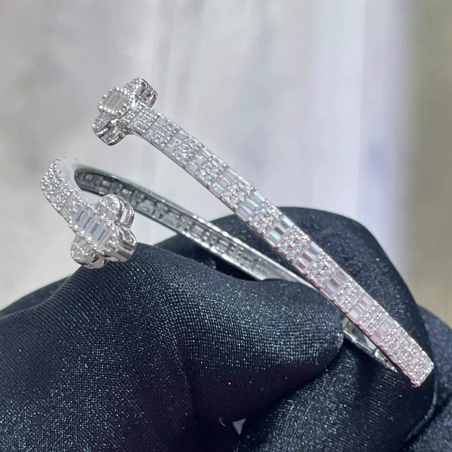 Four Leaf Clover Baguette Cuff Bangle [4.20CTW Moissanites] Baguette & Round 925 Sterling Silver