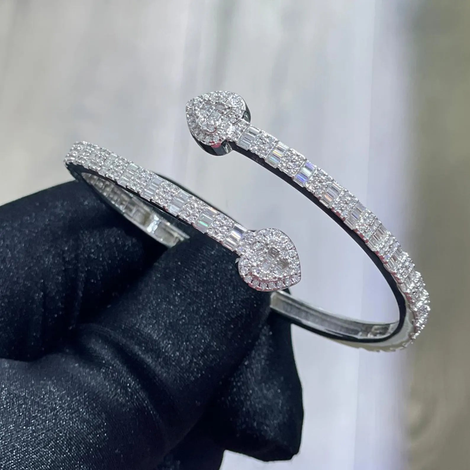 Heart Snap Bangle [3.75CTW Moissanites] Baguette & Round 925 Sterling Silver