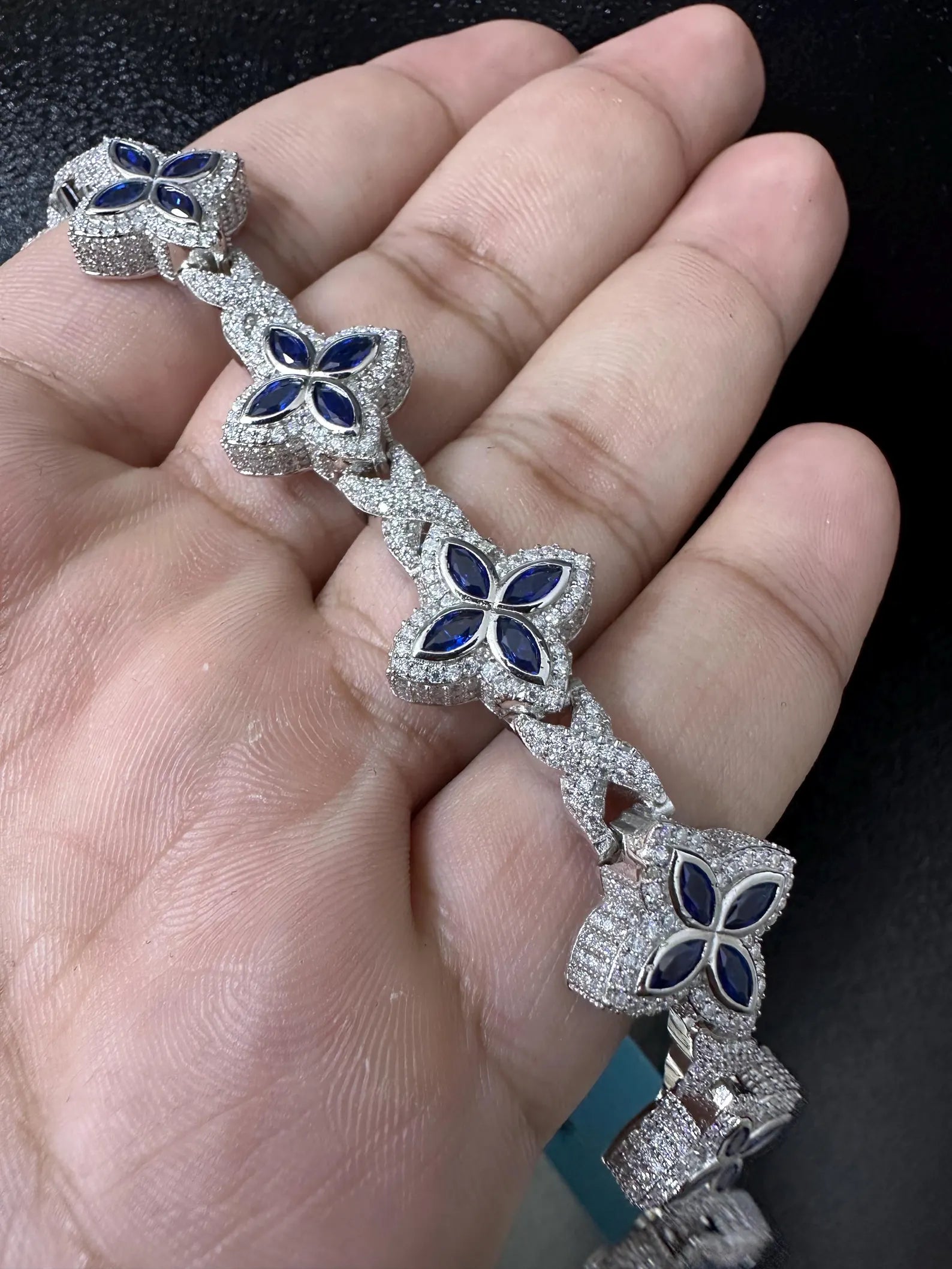 Clover VVS Iced out Bracelet Blue [9.04 CTW] Moissanites in 925 Sterling Silver
