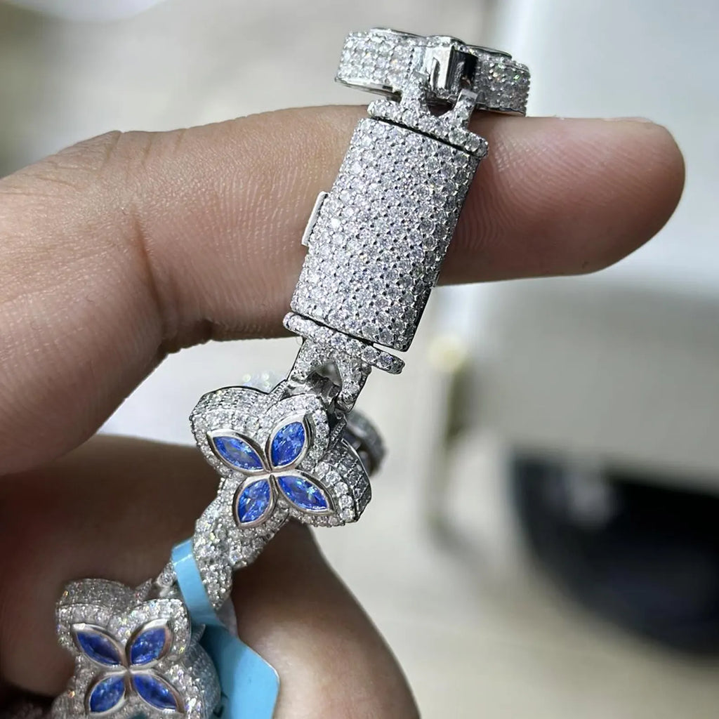 Colored Sapphire Moissanite Clover Bracelet  [9.04CTW Moissanites] Round Moissanites 925 Sterling Silver