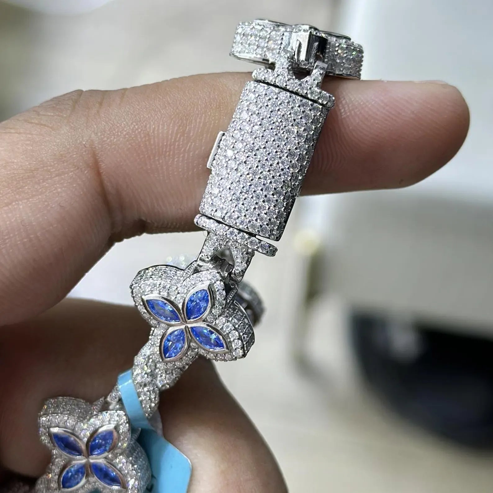 Colored Sapphire Moissanite Clover Bracelet  [9.04CTW Moissanites] Round Moissanites 925 Sterling Silver