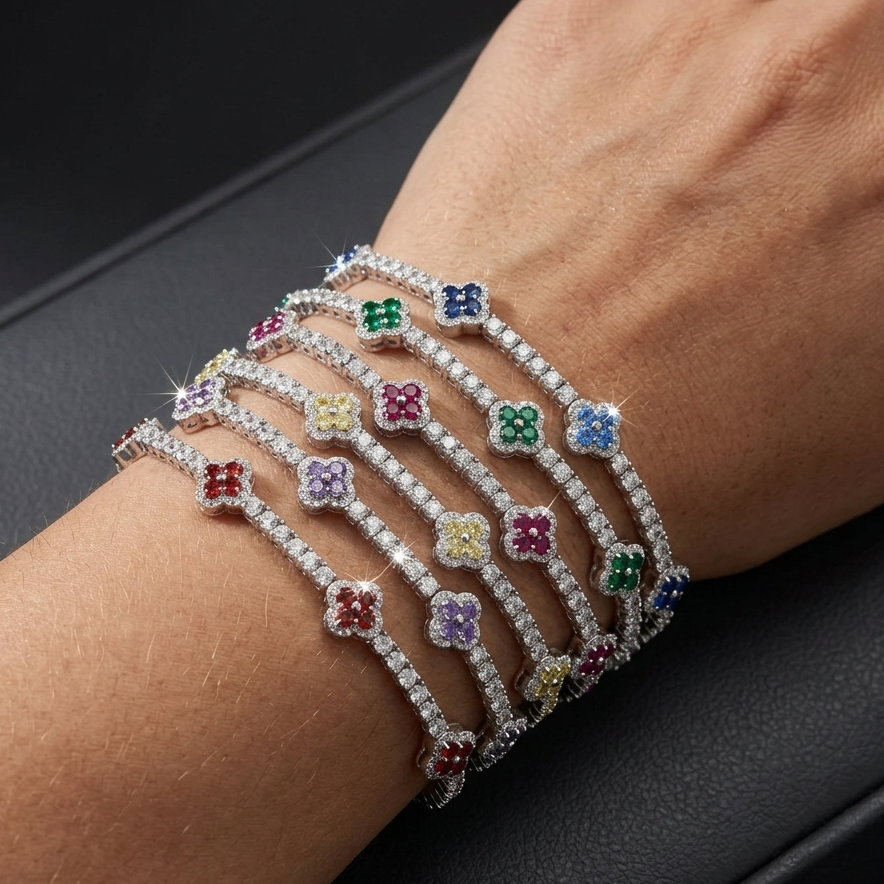 Colorful Clover Bracelet [9.04CTW Moissanites] Round Moissanites 925 Sterling Silver