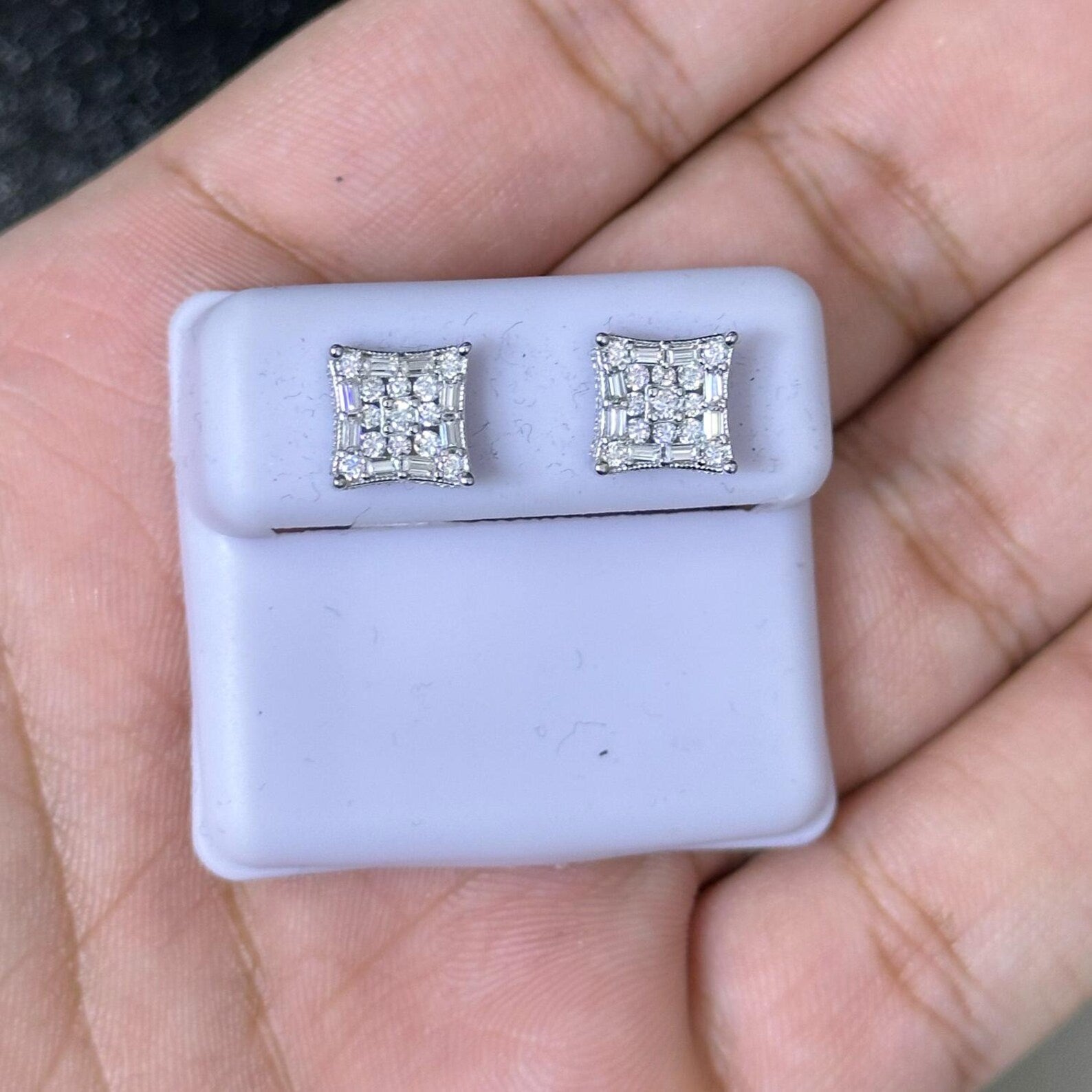 1.50 CTW Moissanite Round & Baguette Stud Earrings 925 Sterling Silver