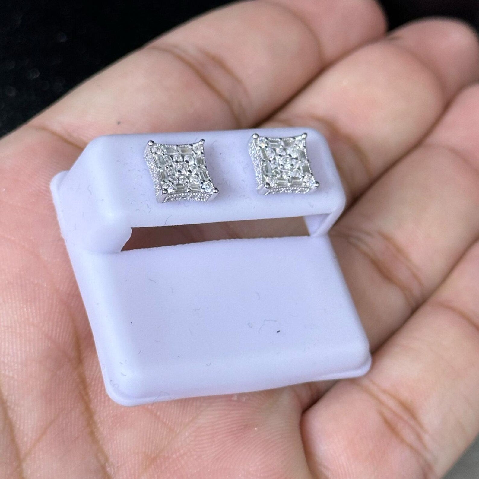 1.50 CTW Moissanite Round & Baguette Stud Earrings 925 Sterling Silver