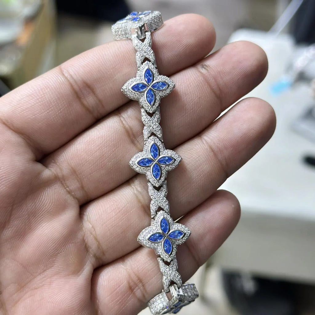 Colored Sapphire Moissanite Clover Bracelet  [9.04CTW Moissanites] Round Moissanites 925 Sterling Silver