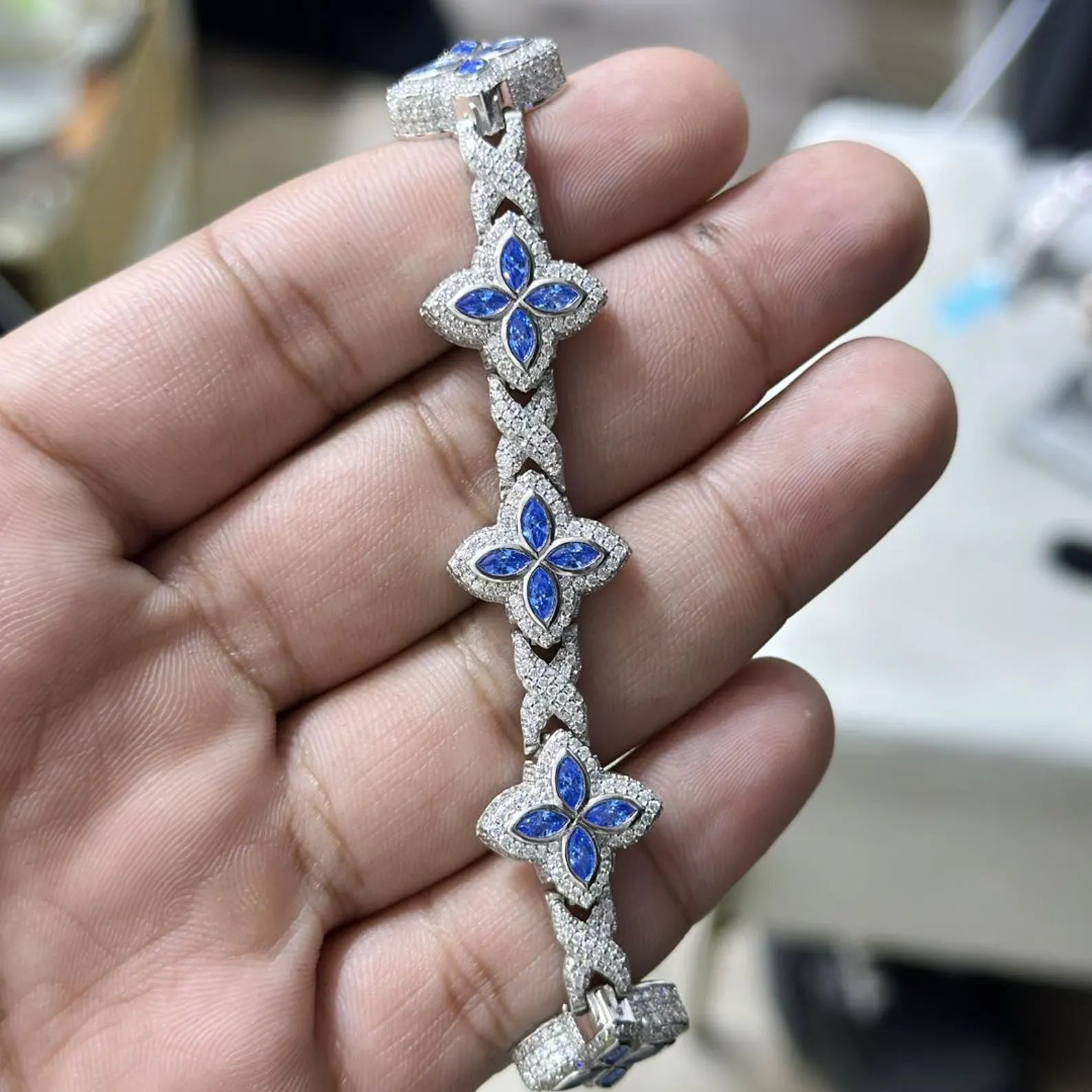 Colored Sapphire Moissanite Clover Bracelet  [9.04CTW Moissanites] Round Moissanites 925 Sterling Silver