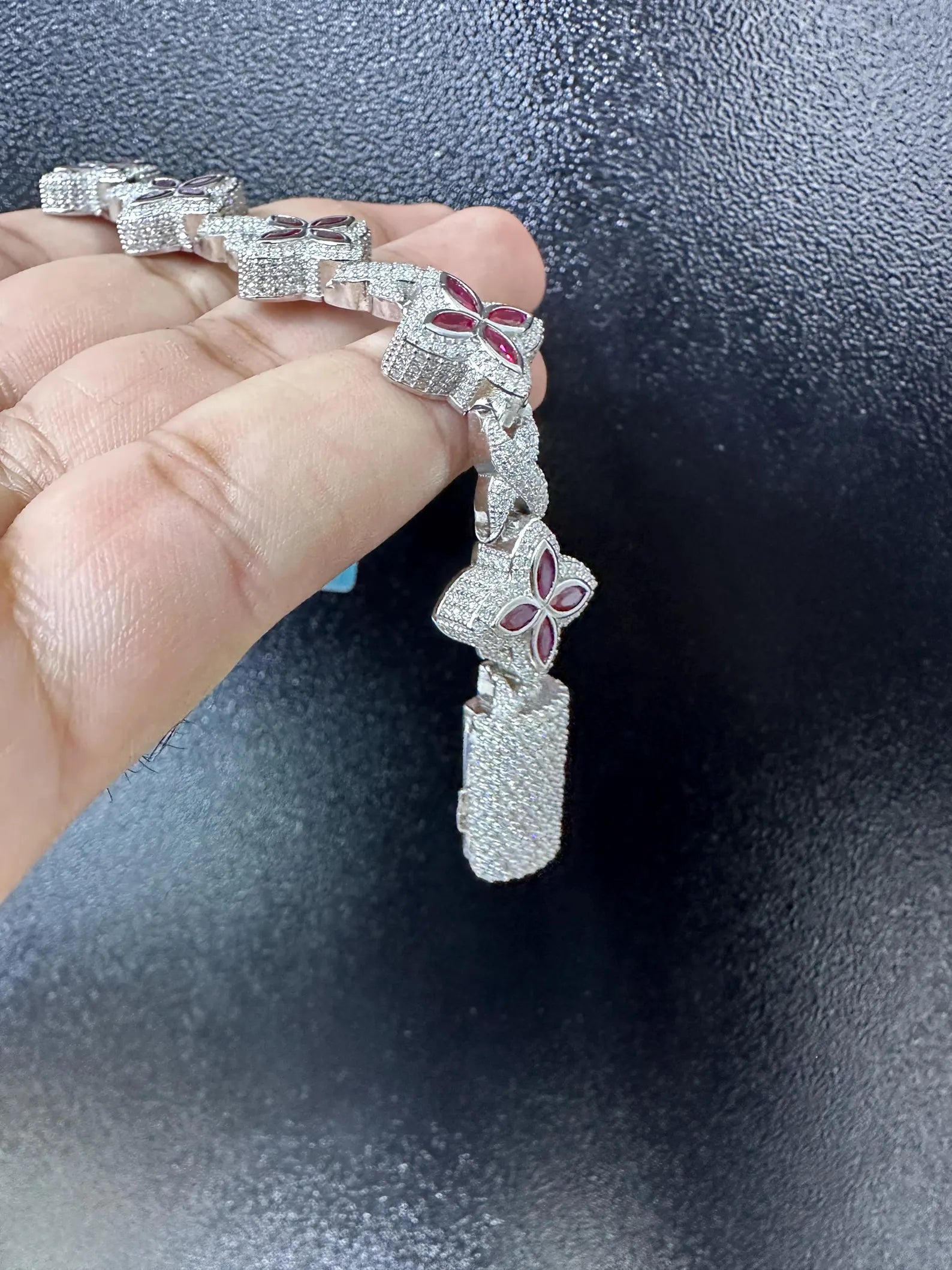 Clover VVS Iced out Bracelet Red [9.04 CTW] Moissanites in 925 Sterling Silver