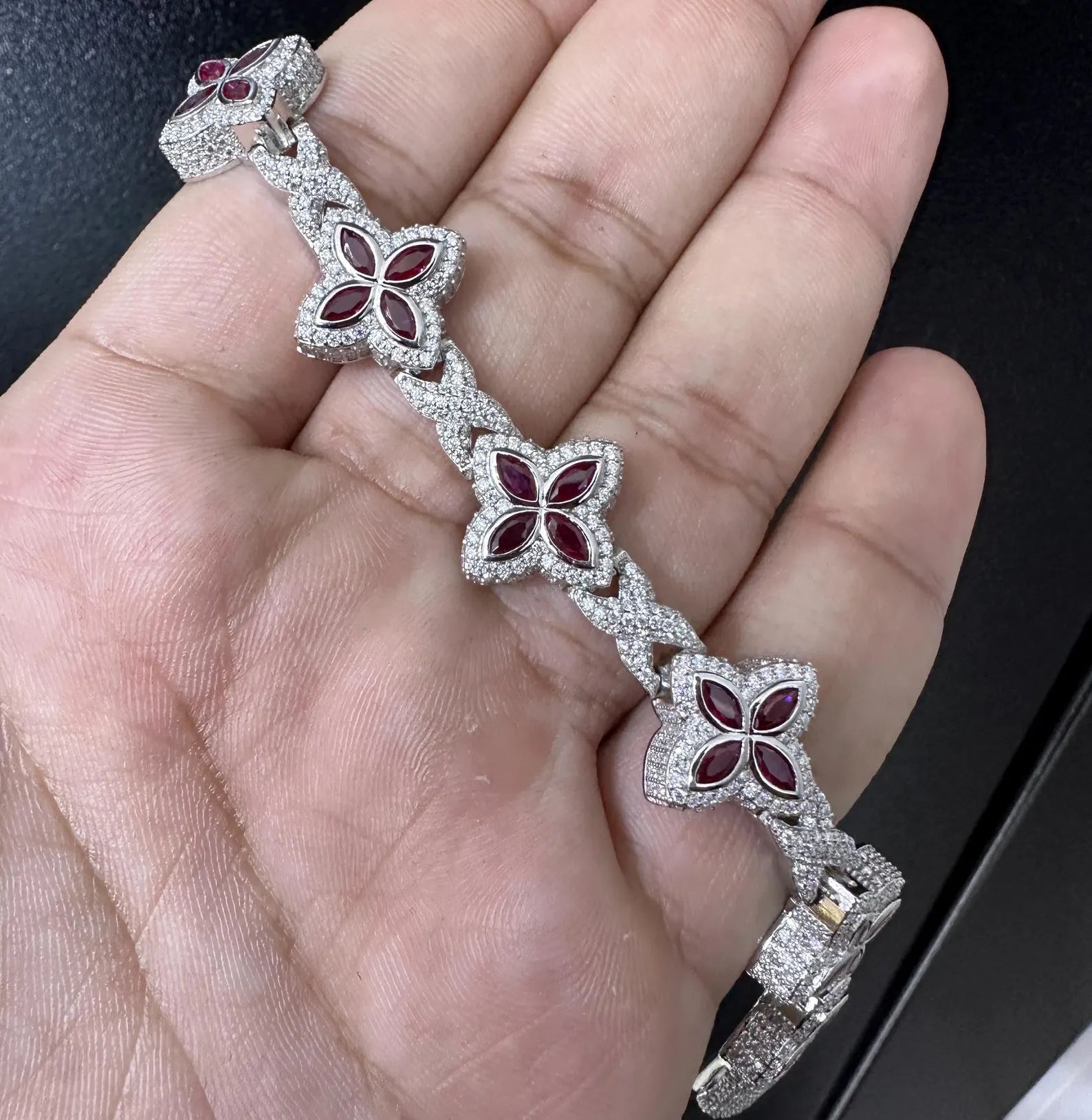 Clover VVS Iced out Bracelet Red [9.04 CTW] Moissanites in 925 Sterling Silver