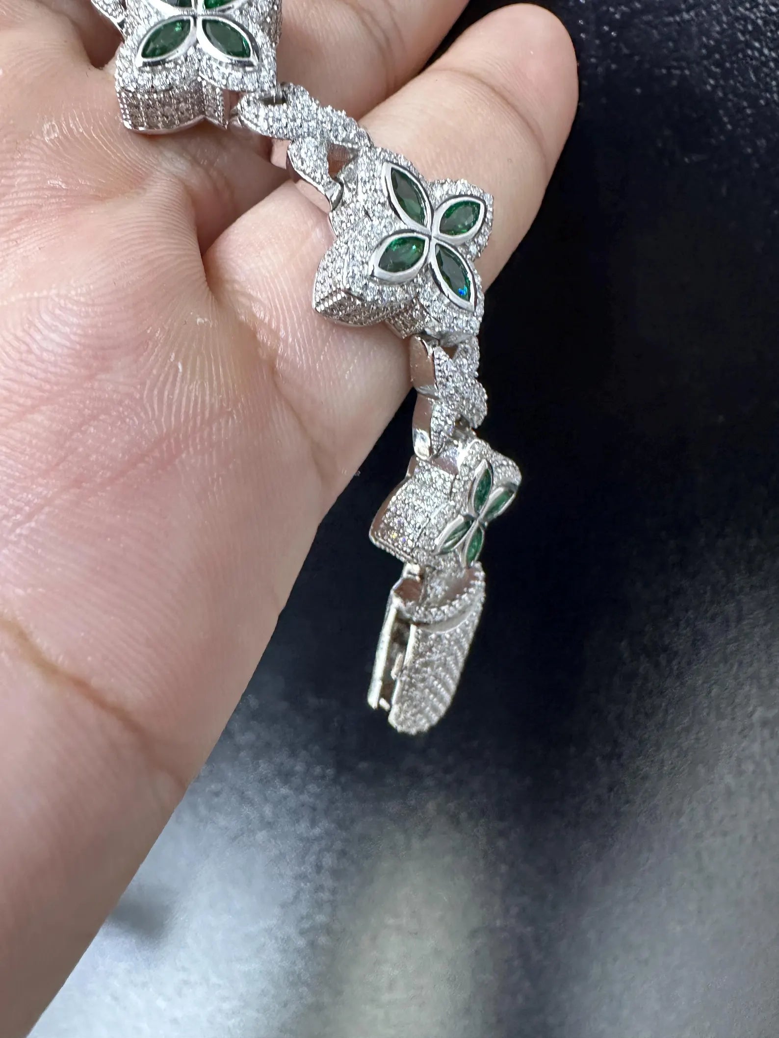 Clover VVS Iced out Bracelet Green [9.04 CTW] Moissanites in 925 Sterling Silver