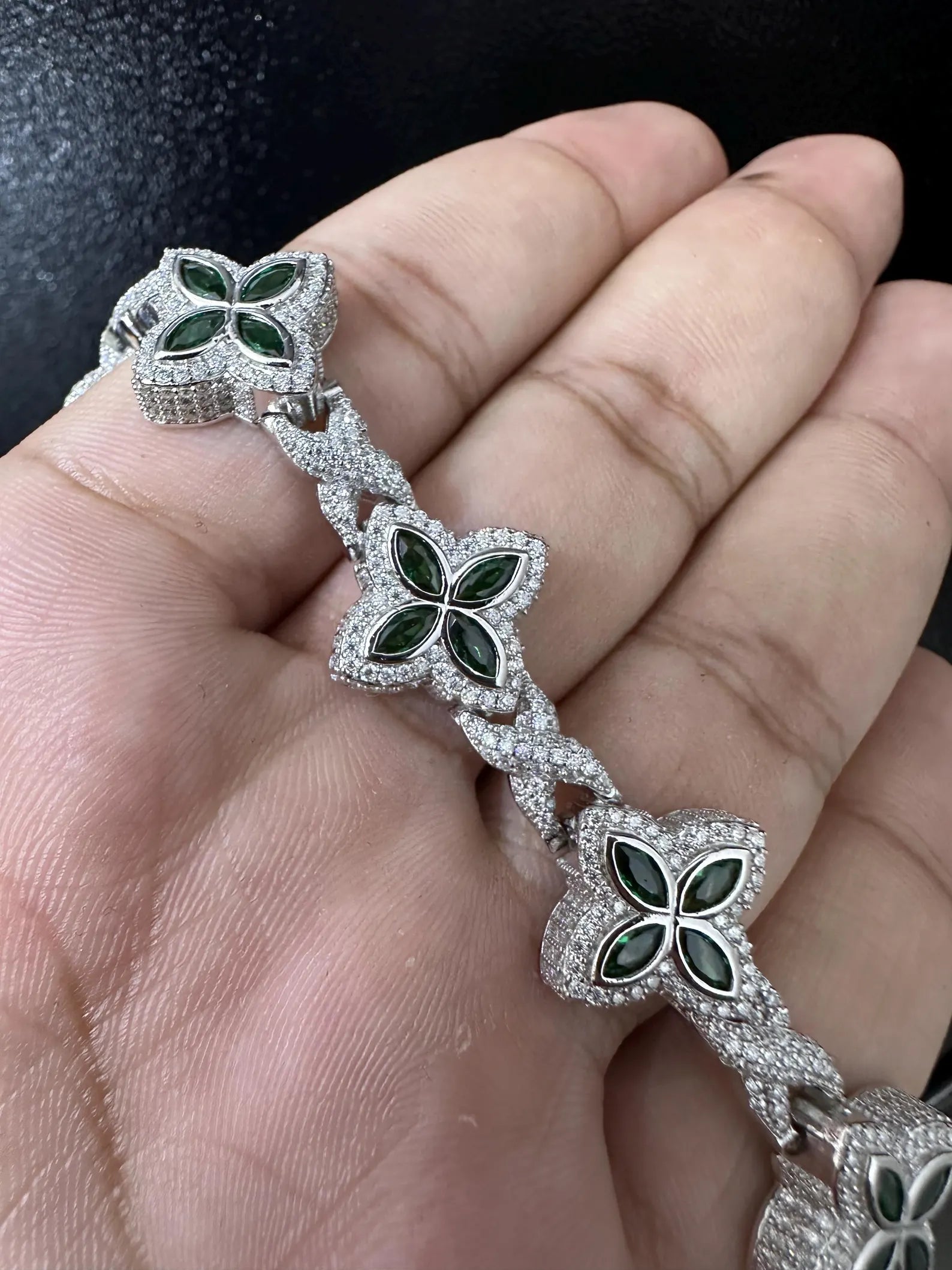 Clover VVS Iced out Bracelet Green [9.04 CTW] Moissanites in 925 Sterling Silver