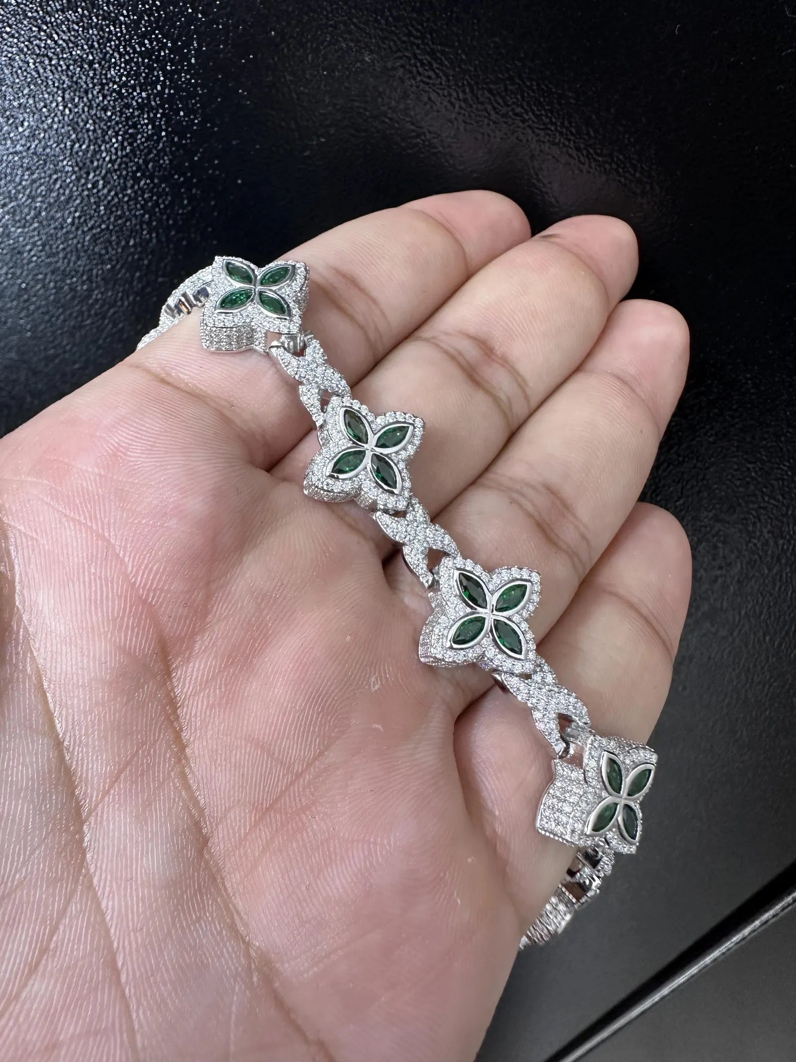 Clover VVS Iced out Bracelet Green [9.04 CTW] Moissanites in 925 Sterling Silver