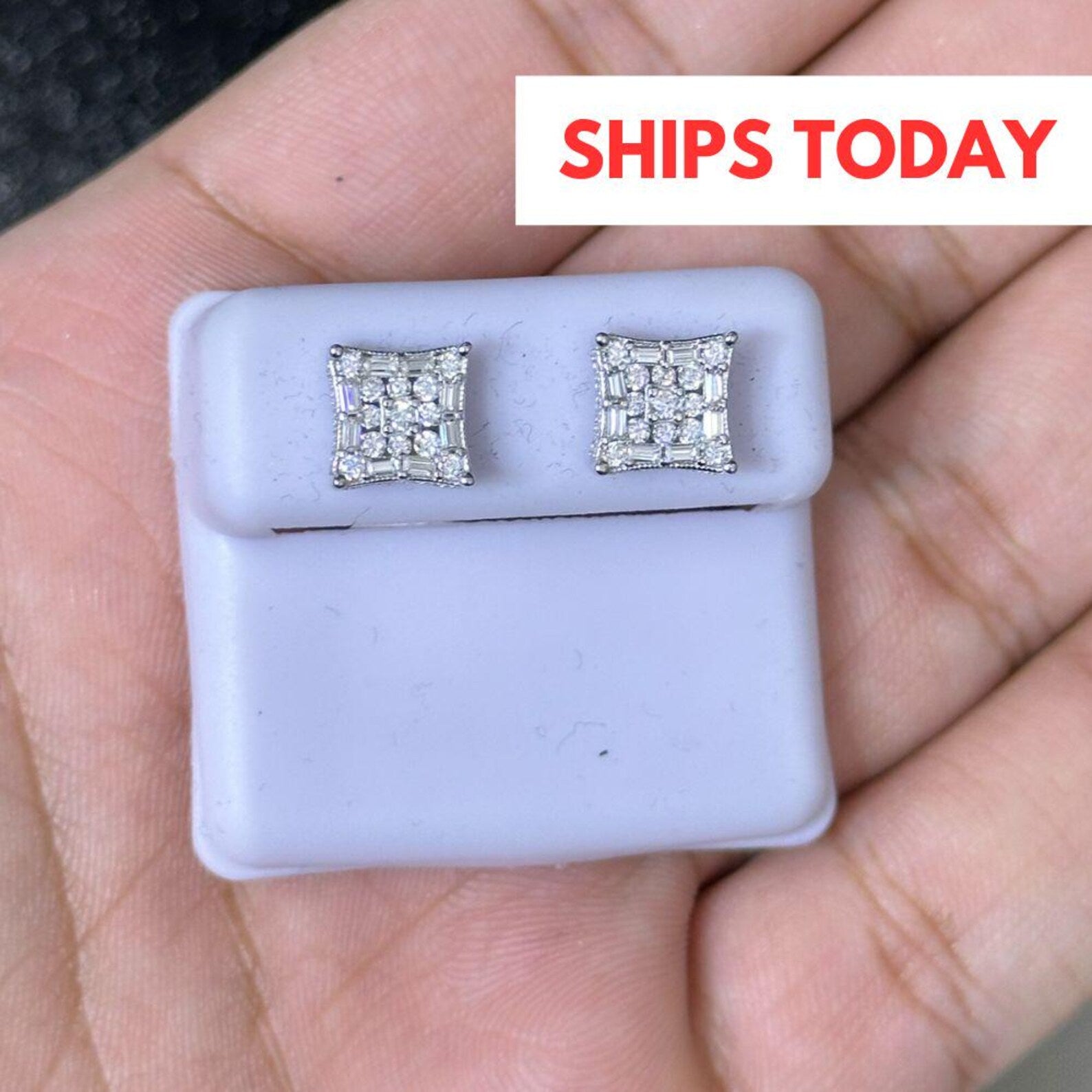 1.50 CTW Moissanite Round & Baguette Stud Earrings 925 Sterling Silver