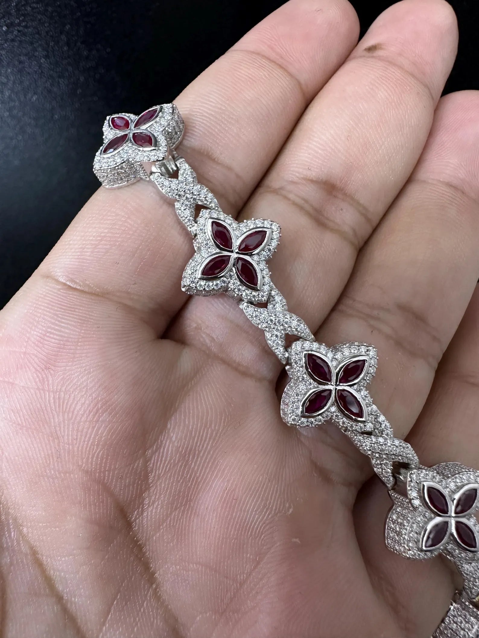 Clover VVS Iced out Bracelet Red [9.04 CTW] Moissanites in 925 Sterling Silver