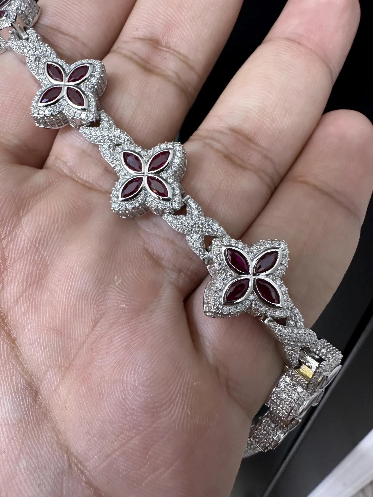 Clover VVS Iced out Bracelet Red [9.04 CTW] Moissanites in 925 Sterling Silver