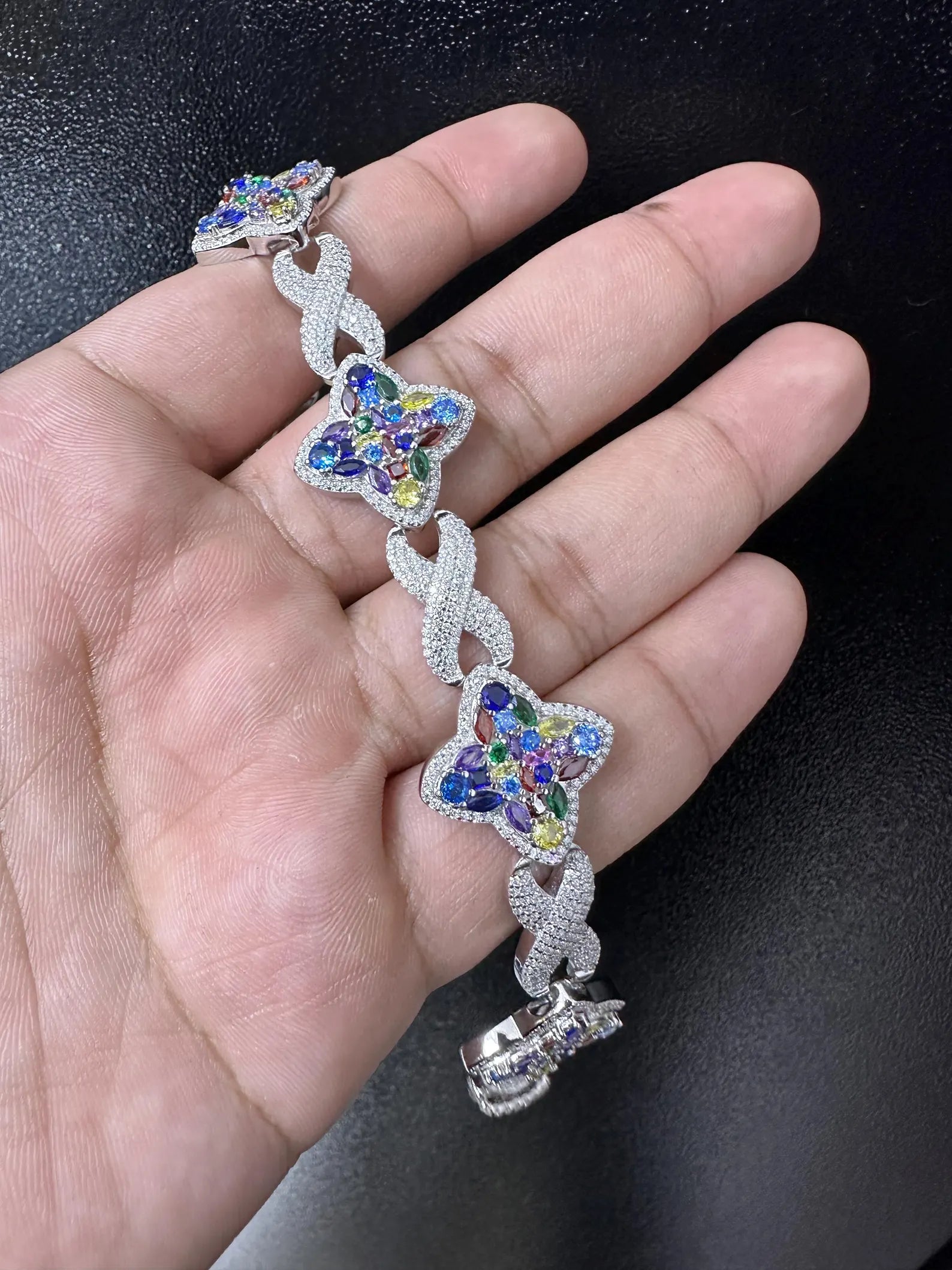 Custom Multi-Color Infinity Clover Iced Out Bracelet [8.82 CTW] Moissanites in 925 Sterling Silver