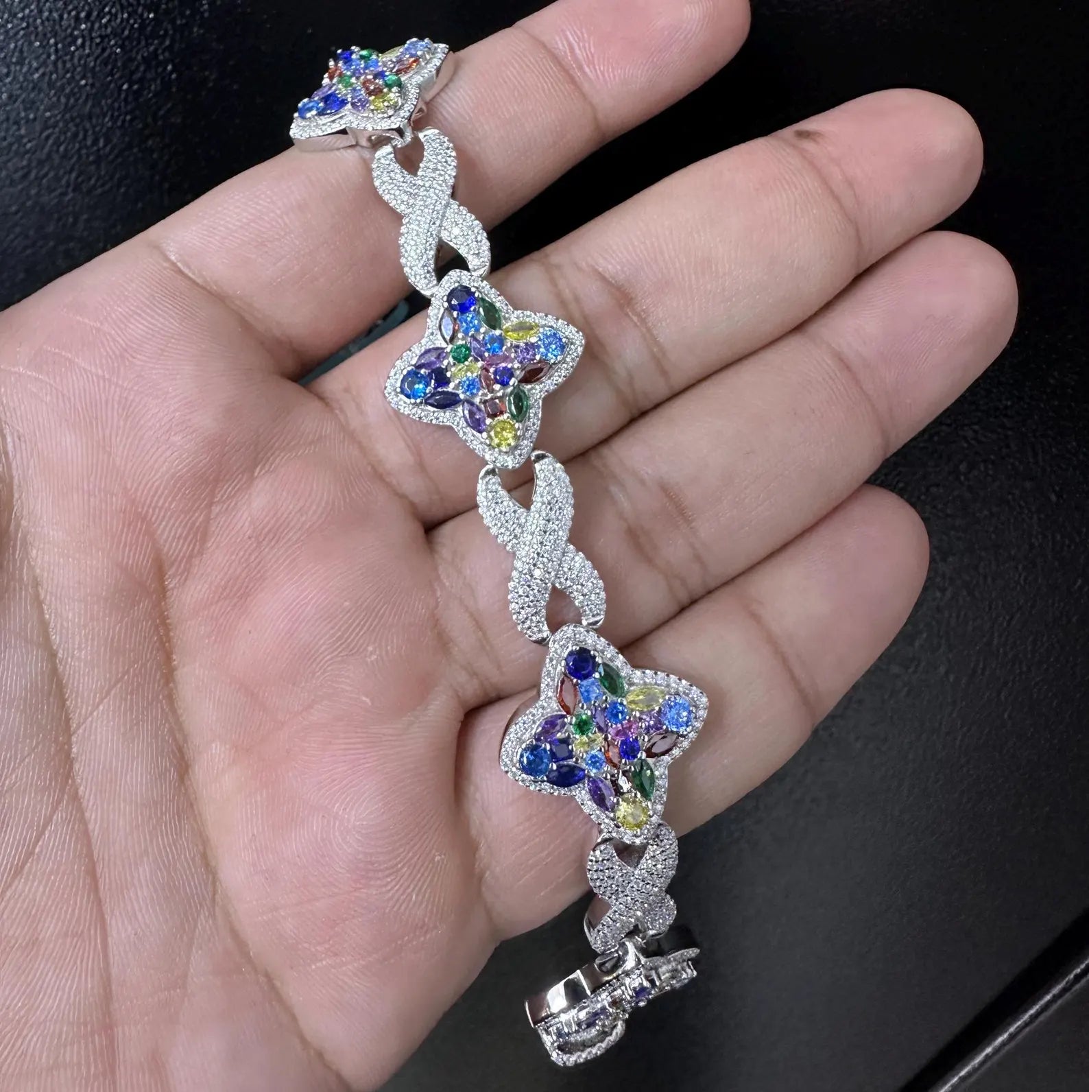 Custom Multi-Color Infinity Clover Iced Out Bracelet [8.82 CTW] Moissanites in 925 Sterling Silver