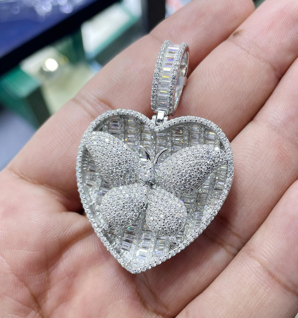 Iced Out Heart Butterfly Pendant VVS1 Moissanite [14.96 CTW] 925 Sterling Silver