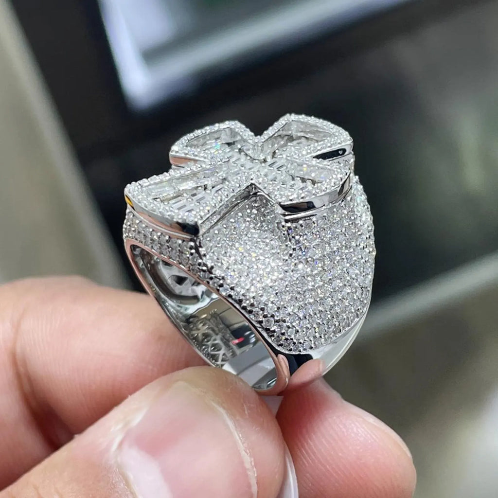 Men Moissanite Ring Iced Out Cross Shaped [4.97 CTW] in 925 Sterling Silver