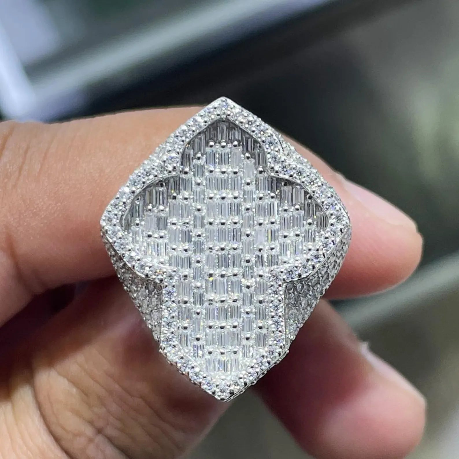 Men Moissanite Ring Iced Out Baguette Cross [3.67 CTW] in 925 Sterling Silver