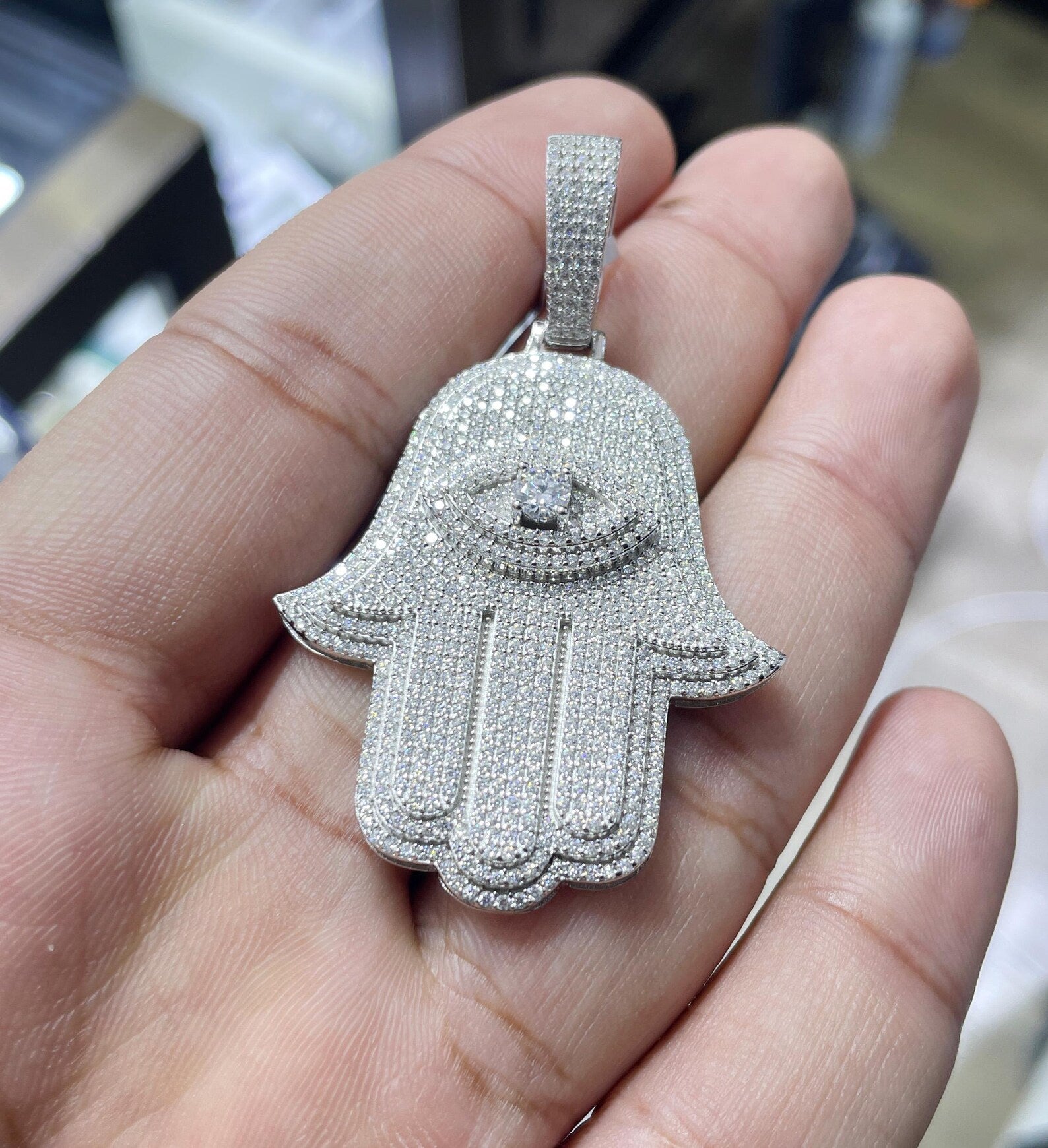 Hamsa Pendant VVS1 Moissanite [3.85CTW] 925 Sterling Silver