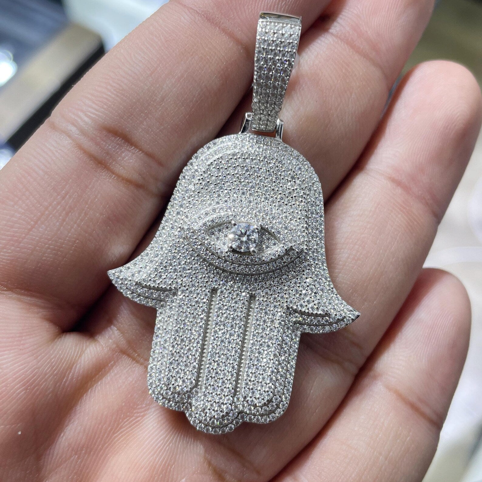 Hamsa Pendant VVS1 Moissanite [3.85CTW] 925 Sterling Silver