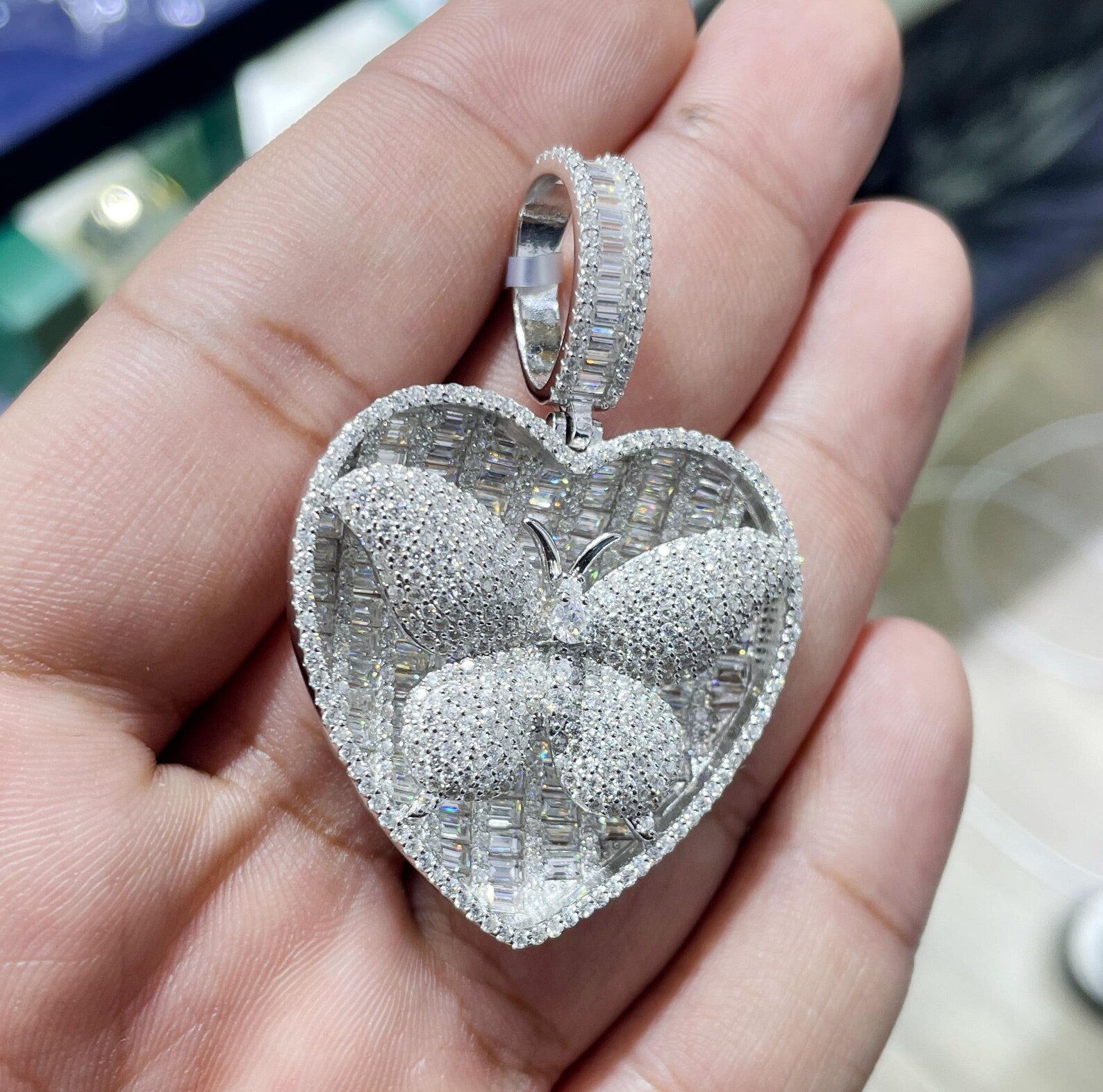 Iced Out Heart Butterfly Pendant VVS1 Moissanite [14.96 CTW] 925 Sterling Silver