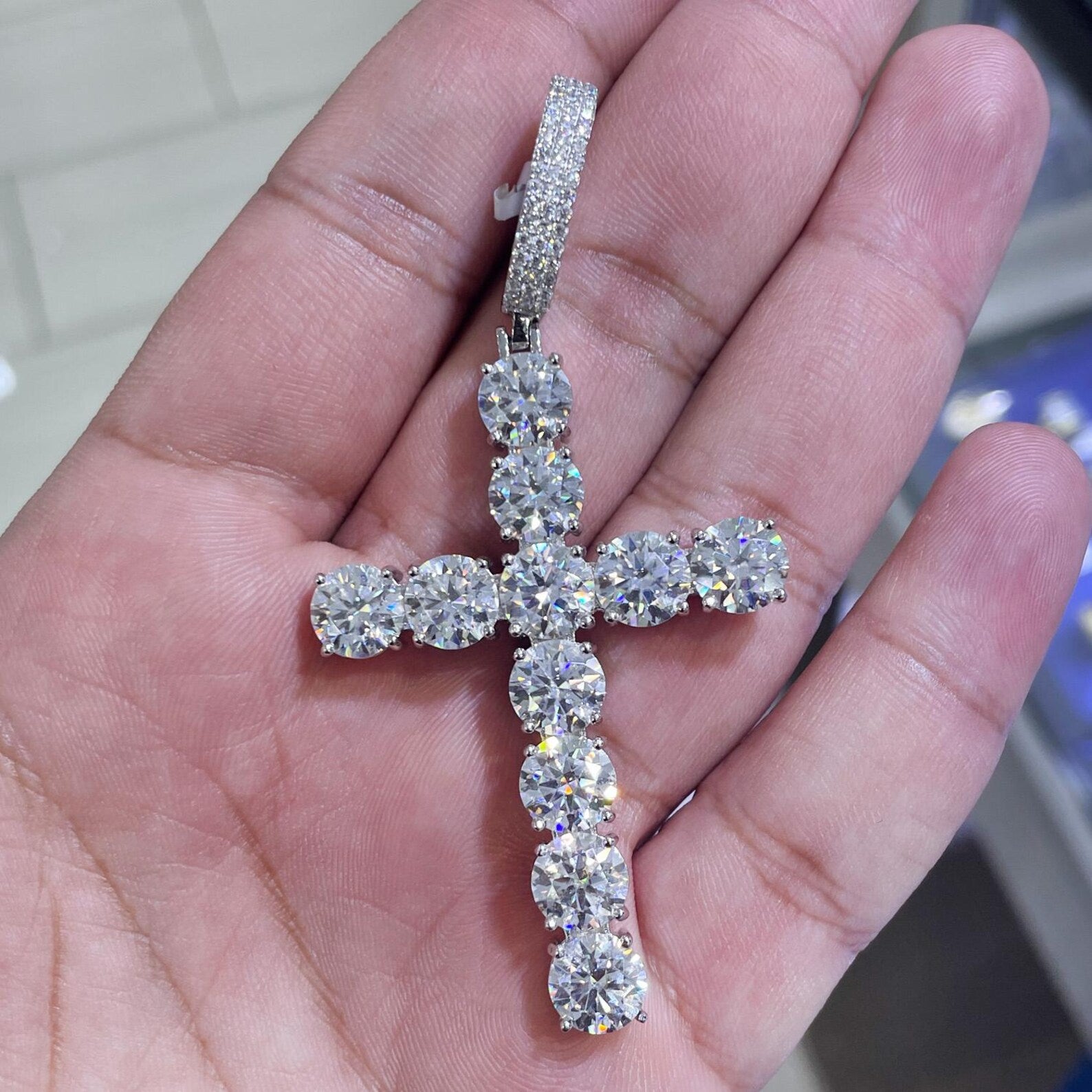 3.12 Inches VVS1 Moissanite Cross [20.83 CTW] 925 Sterling Silver
