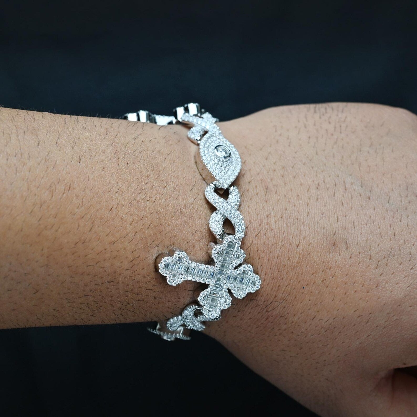 Infinity Cross Evil Eye Iced Out Bracelet[16 CTW] Moissanites in 925 Sterling Silver