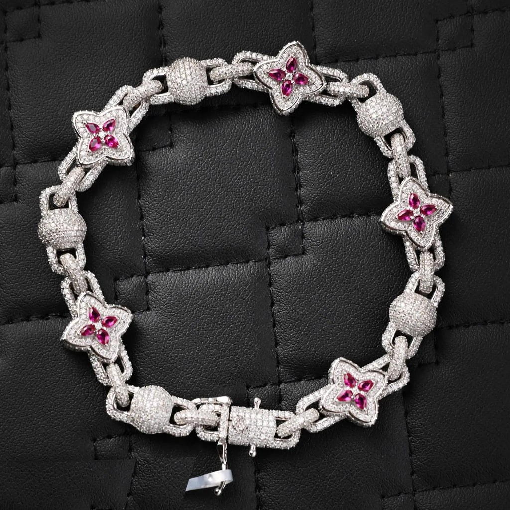 Clover Iced Out Bracelet Pink [13.95CTW] Moissanites in 925 Sterling Silver