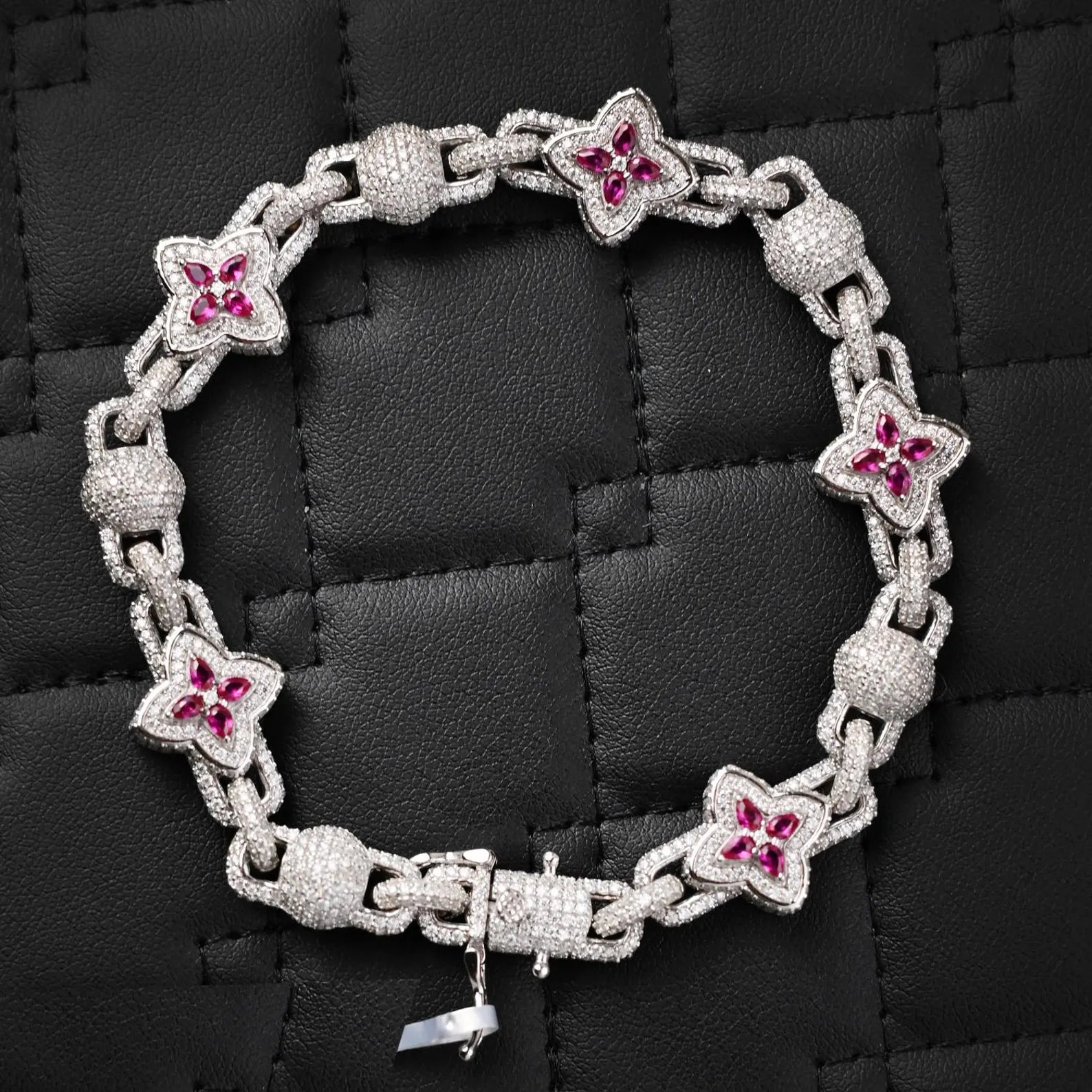 VVS Clover Pink Accent Moissanite Bracelet in 925 Sterling Silver
