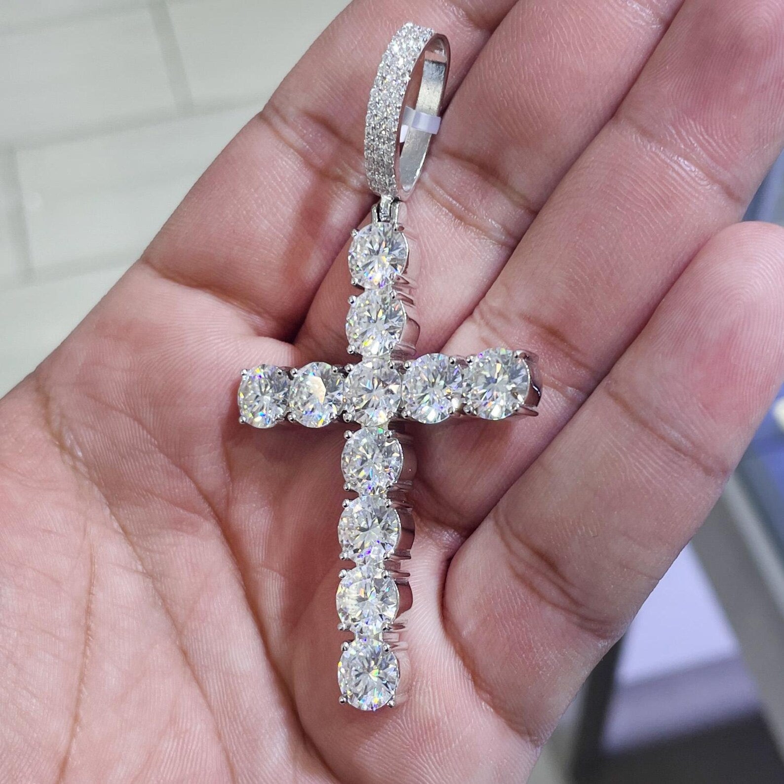 3.12 Inches VVS1 Moissanite Cross [20.83 CTW] 925 Sterling Silver