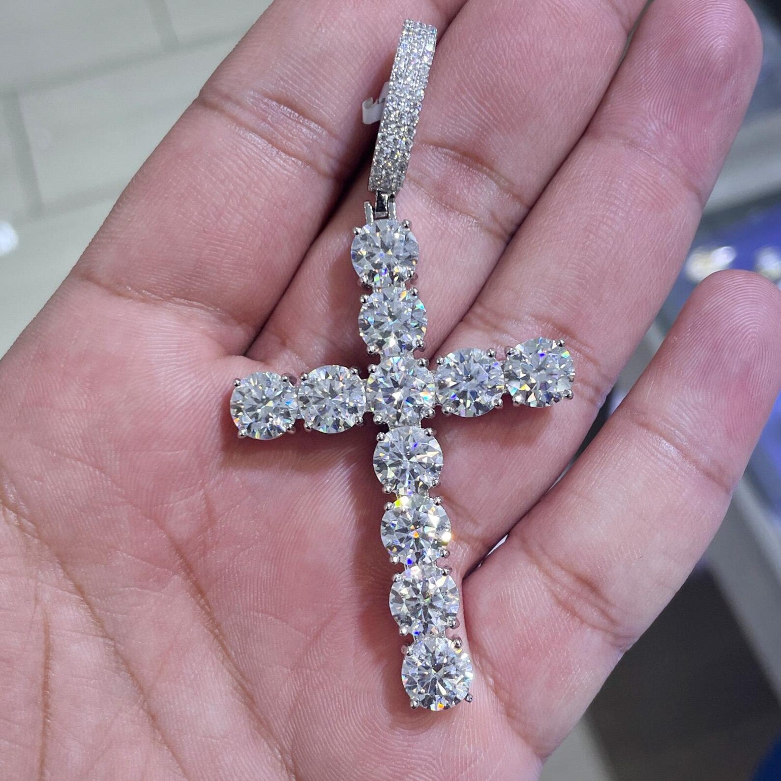 3.12 Inches VVS1 Moissanite Cross [20.83 CTW] 925 Sterling Silver