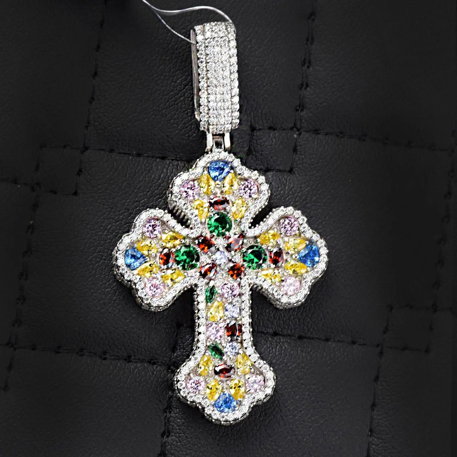 Multi-Color Iced Out Cross Pendant VVS1 Moissanite [3.20 CTW] 925 Sterling Silver