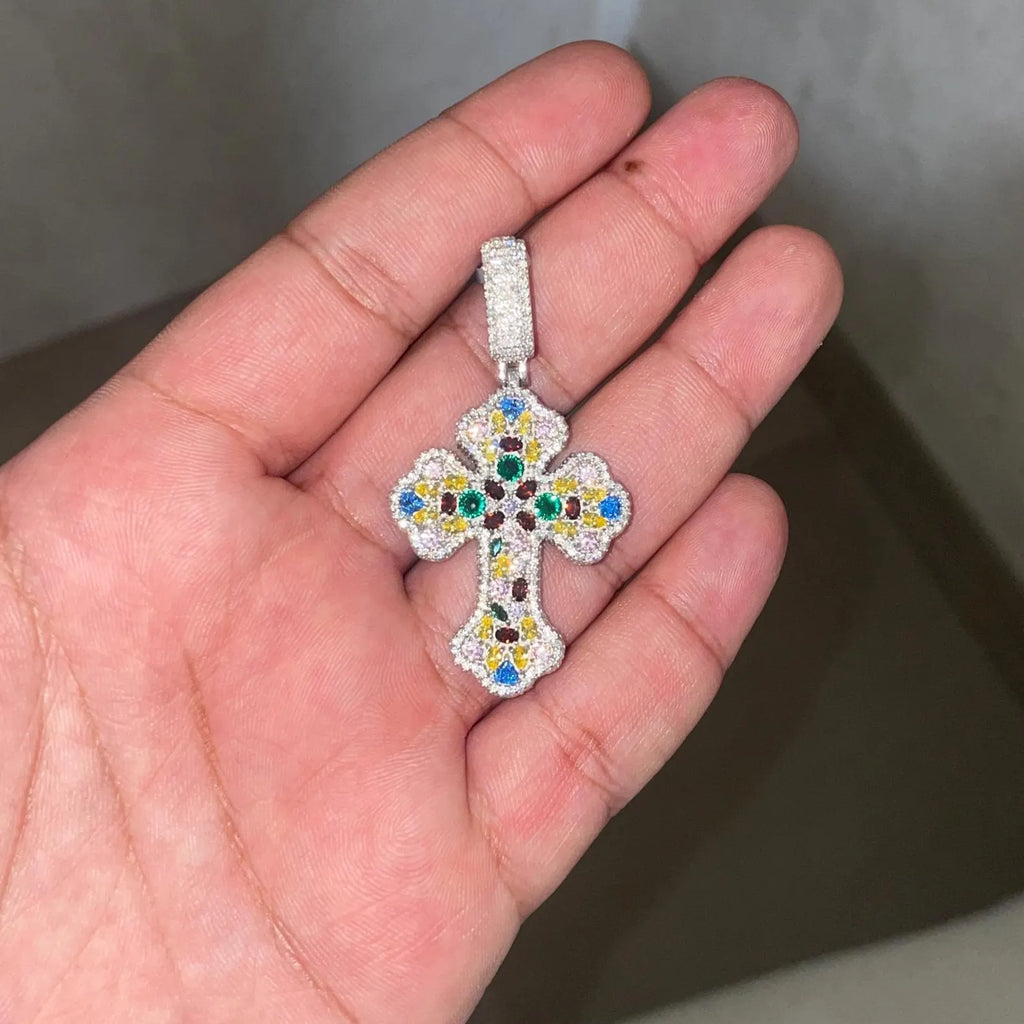 Multi-Color Iced Out Cross Pendant VVS1 Moissanite [3.20 CTW] 925 Sterling Silver