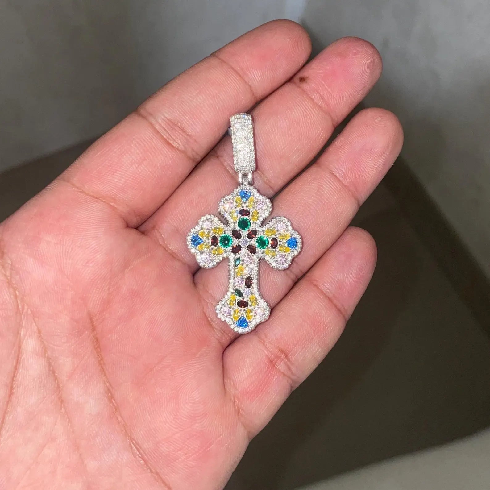 Multi-Color Iced Out Cross Pendant VVS1 Moissanite [3.20 CTW] 925 Sterling Silver