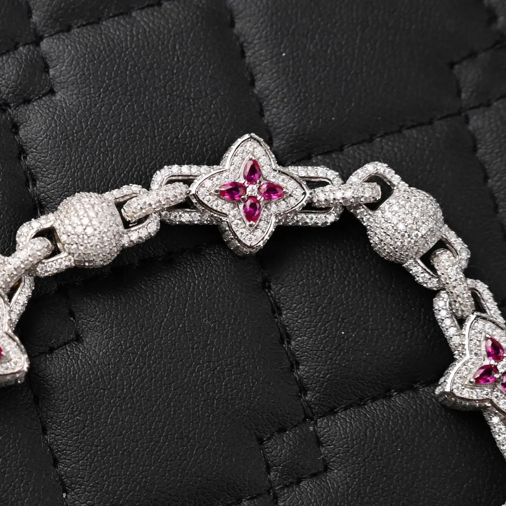 Clover Iced Out Bracelet Pink [13.95CTW] Moissanites in 925 Sterling Silver