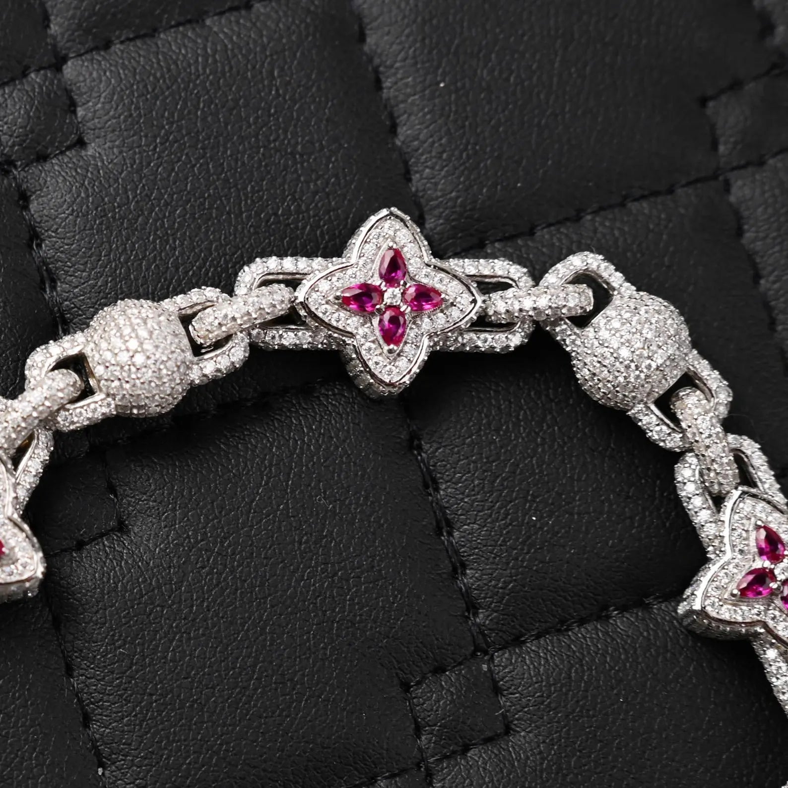 Clover Iced Out Bracelet Pink Clover [13 CTW] Moissanites in 925 Sterling Silver