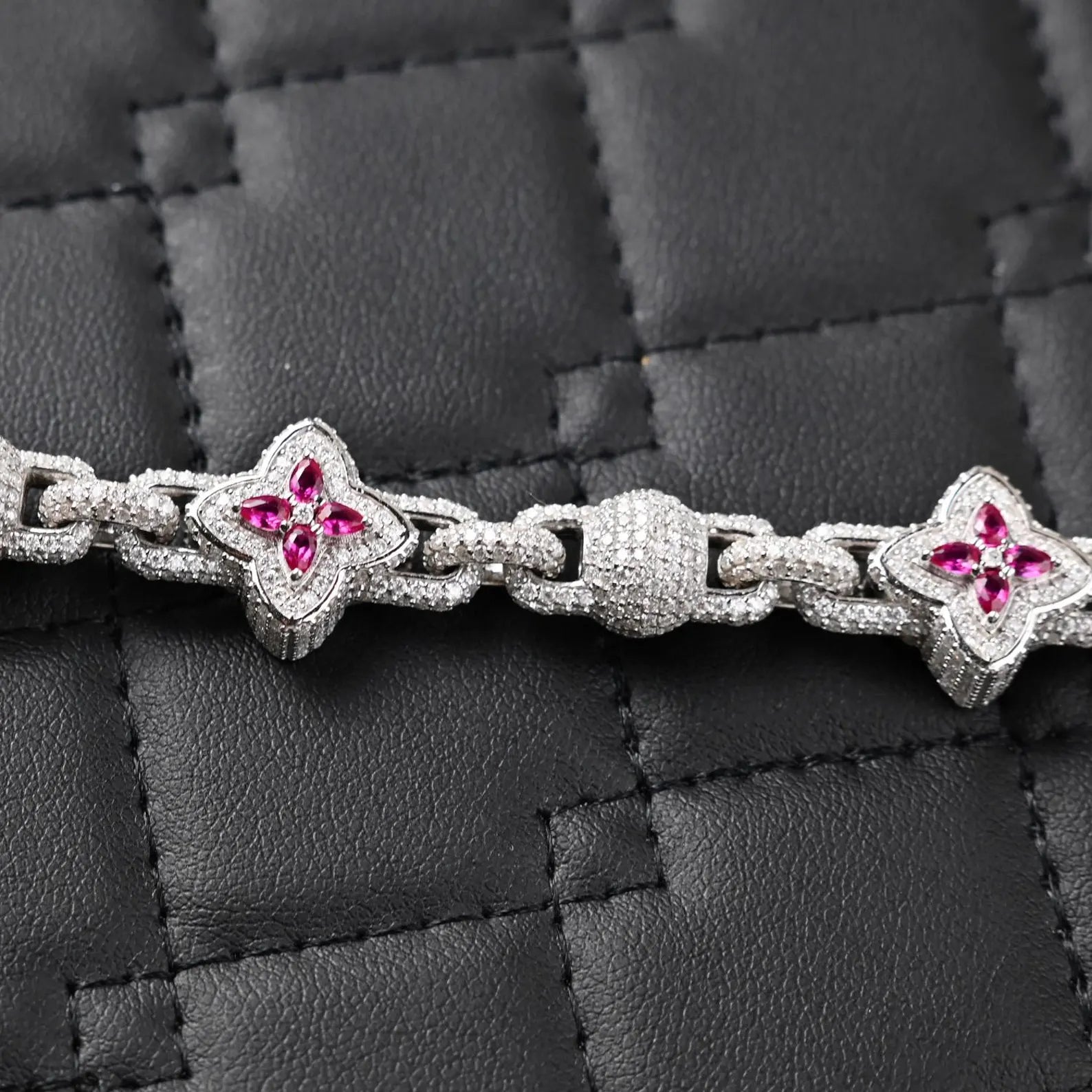 VVS Clover Pink Accent Moissanite Bracelet in 925 Sterling Silver