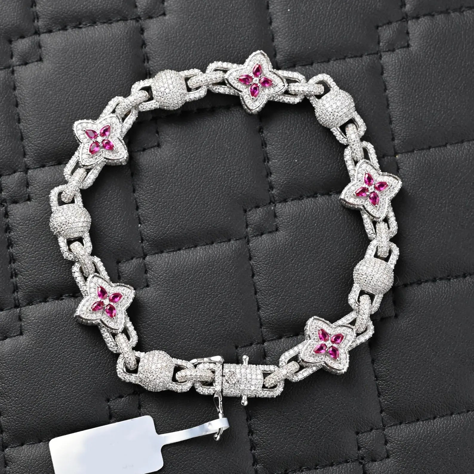 VVS Clover Pink Accent Moissanite Bracelet in 925 Sterling Silver