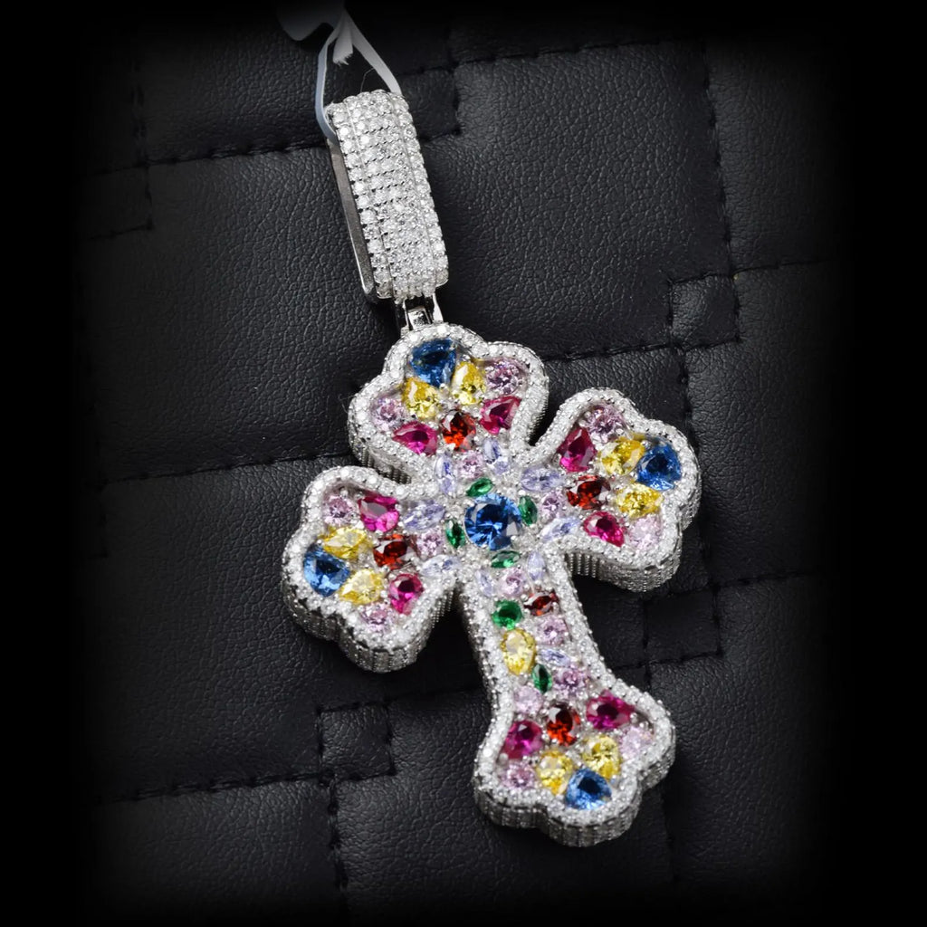 Multi Color Cross Pendant VVS1 Moissanite [5.40 CTW] 925 Sterling Silver