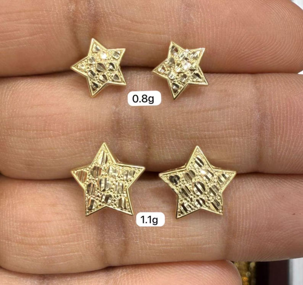 10K Solid Yellow Gold Nugget Style star earrings 2 Sizes