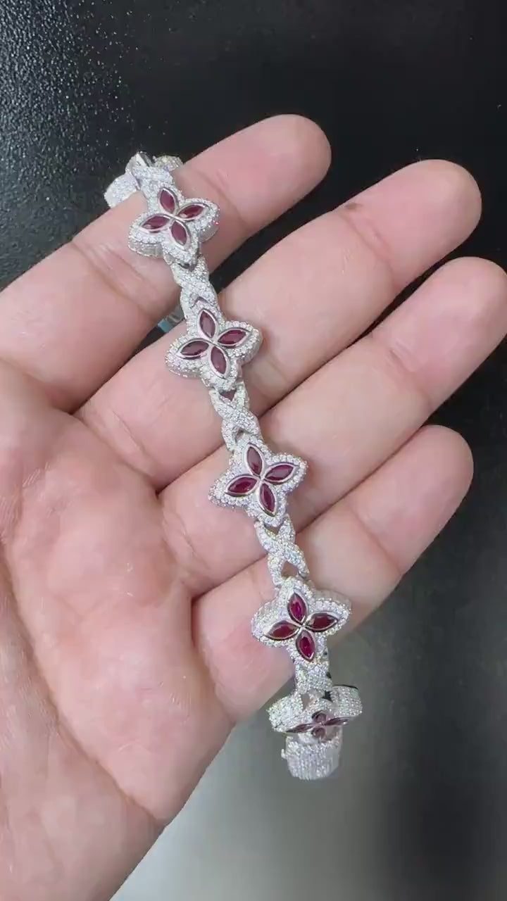 Clover VVS Iced out Bracelet Red [9.04 CTW] Moissanites in 925 Sterling Silver