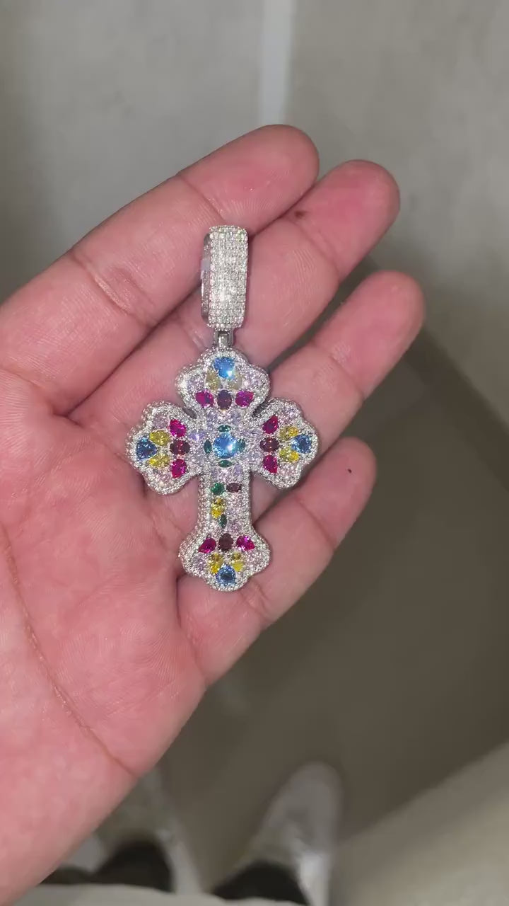 Multi Color Cross Pendant VVS1 Moissanite [5.40 CTW] 925 Sterling Silver