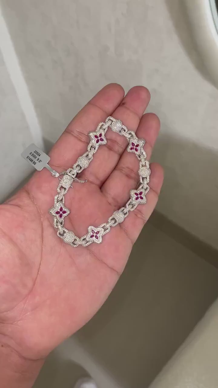 Clover Iced Out Bracelet Pink [13.95CTW] Moissanites in 925 Sterling Silver