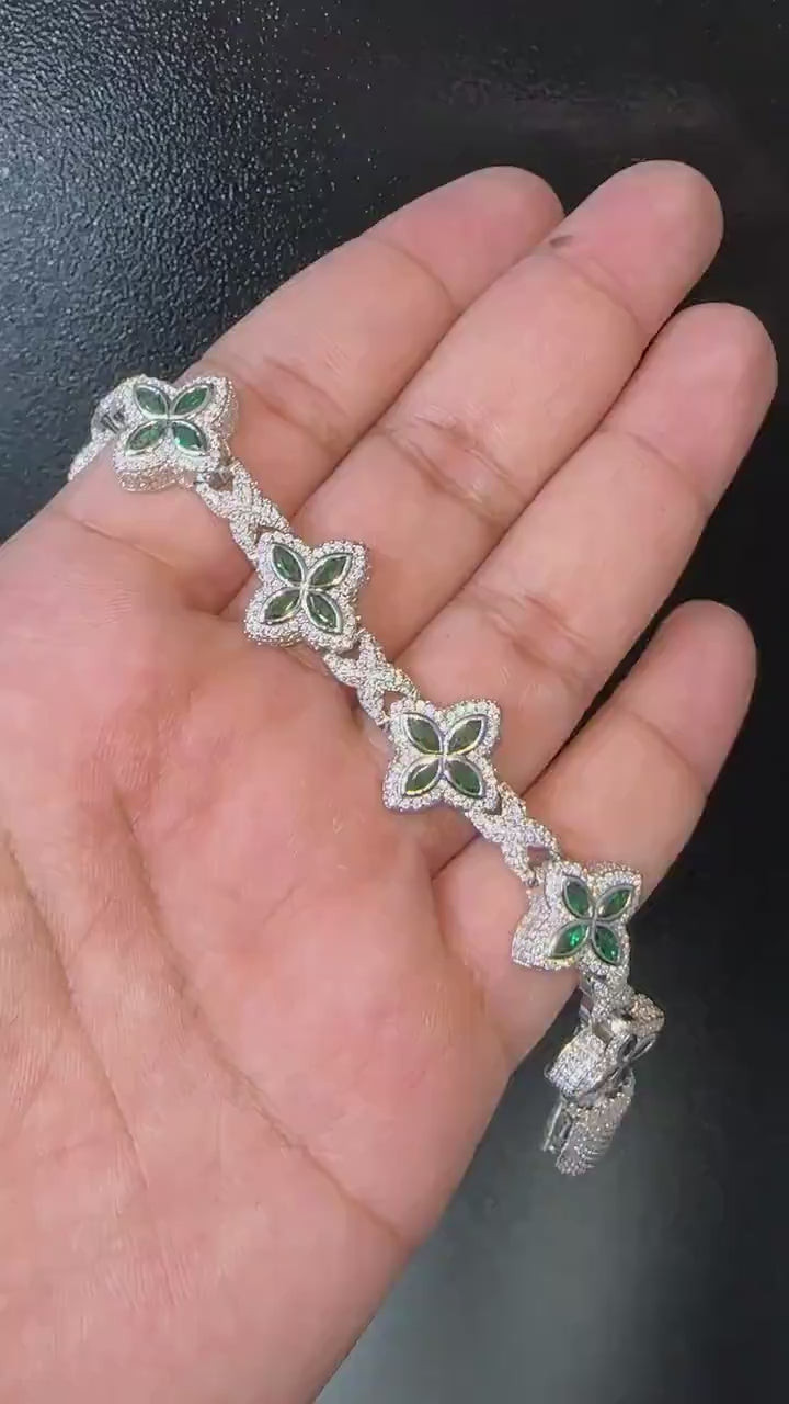Clover VVS Iced out Bracelet Green [9.04 CTW] Moissanites in 925 Sterling Silver