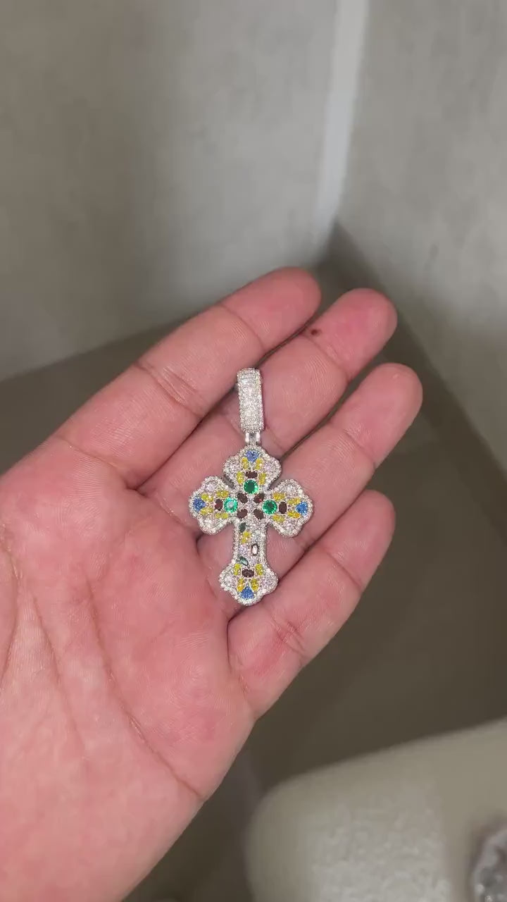 Multi-Color Iced Out Cross Pendant VVS1 Moissanite [3.20 CTW] 925 Sterling Silver