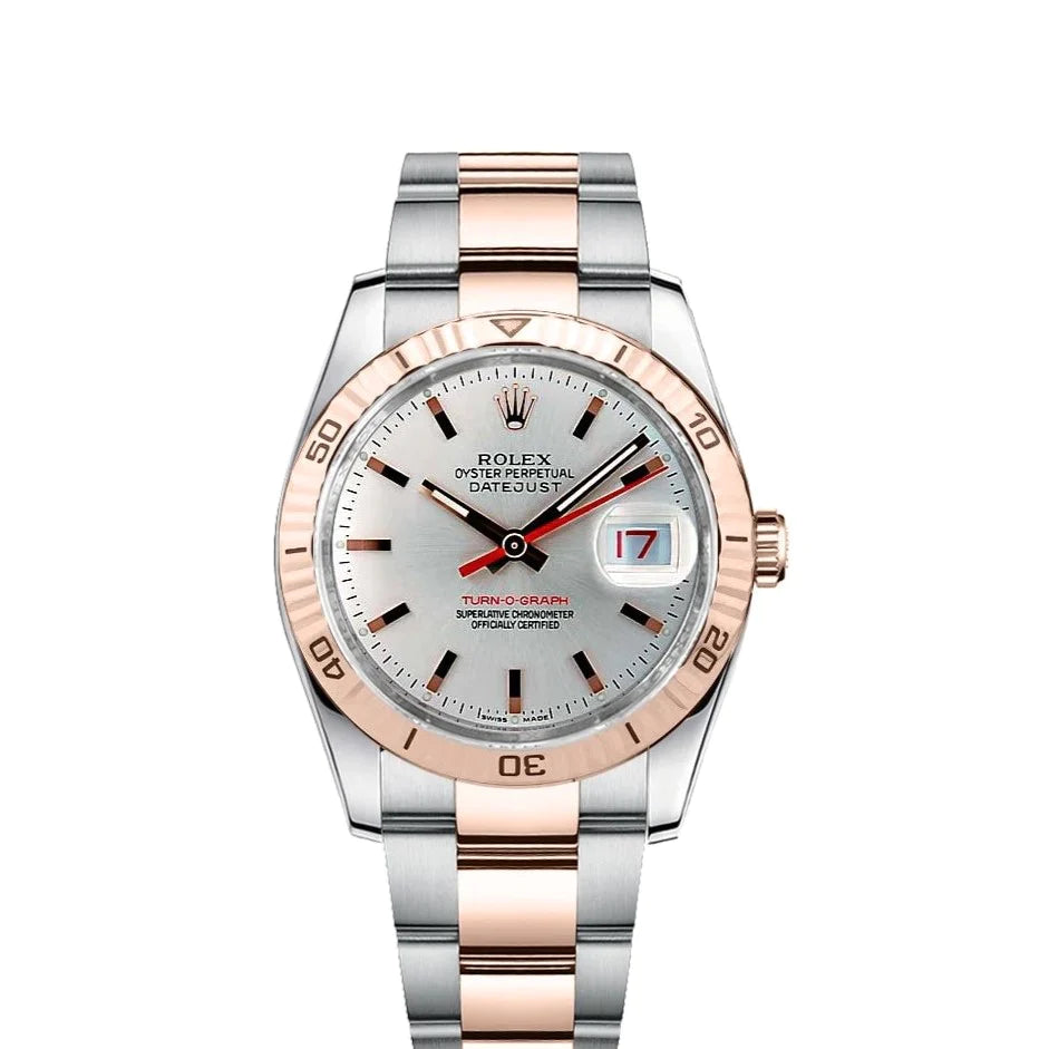 Rolex Datejust Turnograph 36mm 2 Tone 18k Everose Gold & Stainless Steel Silver Dial Fluted Bezel Oyster Steel Watch 116261